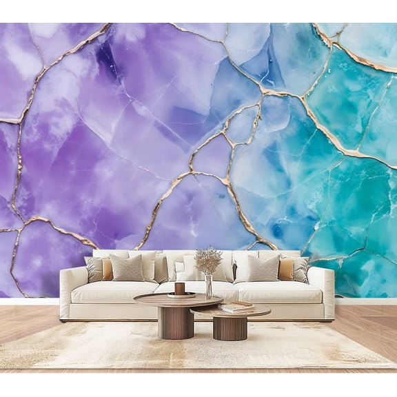 Wallpaper Abstract Purple Teal Crystal Marble Natural Mineral Patterns Peel and Stick Wall Murals 100"H x 144"W Removable PVC Wall Paper Self-Adhesive Wall Paintings Art Decor for Bedroom Living Room