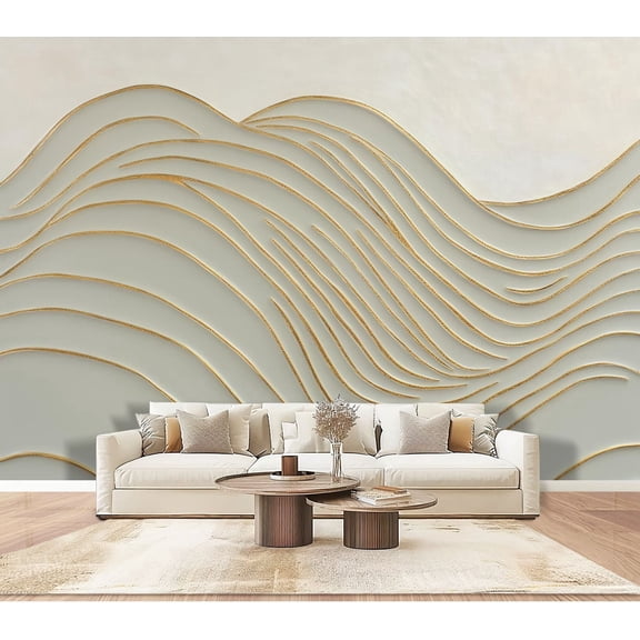 Wallpaper Abstract White Gold Wave Lines Flowing Patterns Outlined Peel and Stick Wall Murals 100"H x 144"W Removable PVC Wall Paper Self-Adhesive Wall Paintings Art Decor for Bedroom Living Room