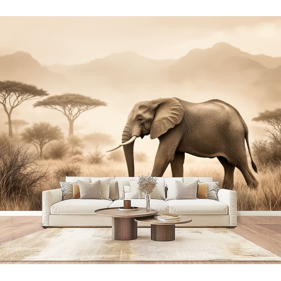 Wallpaper African Elephant Sepia Savannah Landscape Acacia Trees Misty Peel and Stick Wall Murals 100"H x 144"W Removable PVC Wall Paper Self-Adhesive Wall Paintings Art Decor for Bedroom Living Room