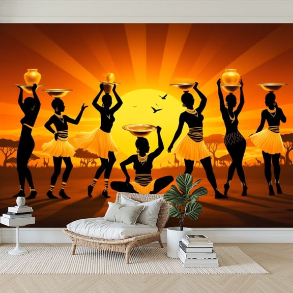 Wallpaper African Tribal Women Silhouette Dance Sunset Traditional Peel and Stick Wall Murals 69"H x 96"W Removable PVC Wall Paper Self-Adhesive Wall Paintings Art Decor for Bedroom Living Room