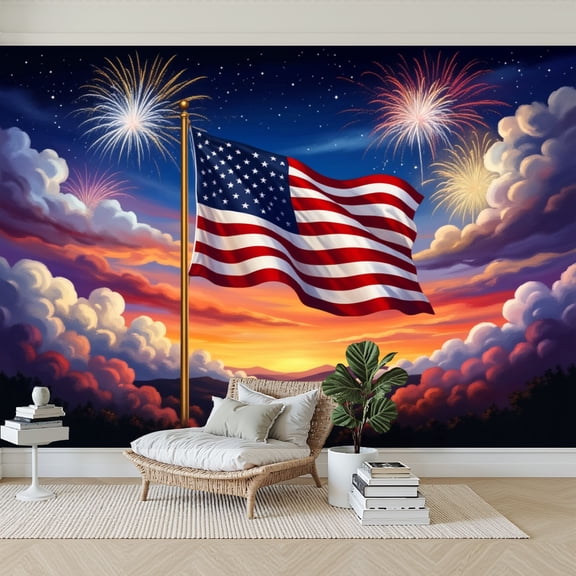 Wallpaper American Flag Colorful Fireworks Dramatic Sunset Clouds Peel and Stick Wall Murals 69"H x 96"W Removable PVC Wall Paper Self-Adhesive Wall Paintings Art Decor for Bedroom Living Room