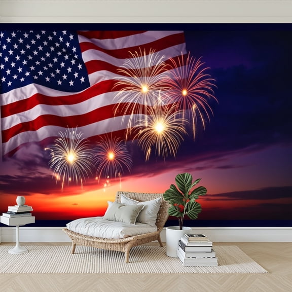 Wallpaper American Flag Fireworks Sunset Sky Patriotic Independence Peel and Stick Wall Murals 69"H x 96"W Removable PVC Wall Paper Self-Adhesive Wall Paintings Art Decor for Bedroom Living Room