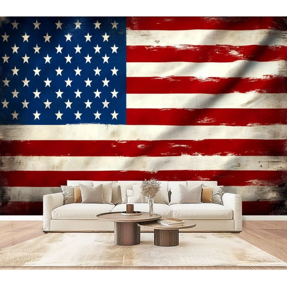 Wallpaper American Flag Retro Stars Stripes Weathered Surface Memorial Day Peel and Stick Wall Murals 100"H x 144"W Removable PVC Wall Paper Self-Adhesive Wall Paintings Art for Bedroom Living Room
