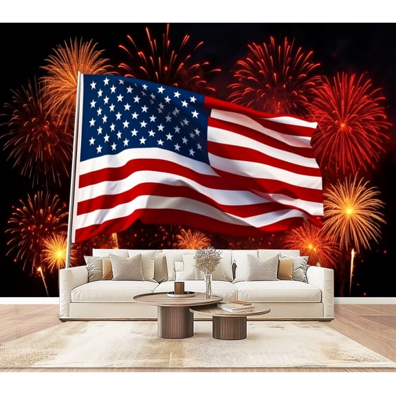 Wallpaper American Flag Waving Fireworks Celebration Independence Day Peel and Stick Wall Murals 100"H x 144"W Removable PVC Wall Paper Self-Adhesive Wall Paintings Art Decor for Bedroom Living Room