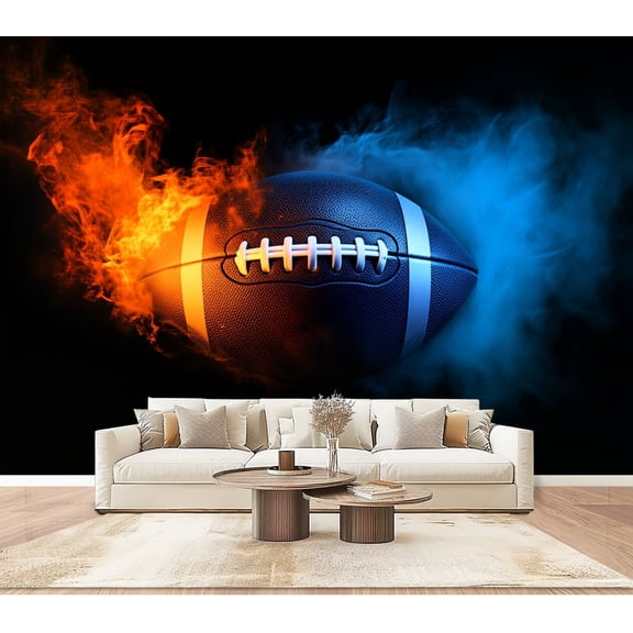 Wallpaper American Football Flaming Football 3D Modern Flaming Peel and Stick Wall Murals 100"H x 144"W Removable PVC Wall Paper Self-Adhesive Wall Paintings Art Decor for Bedroom Living Room