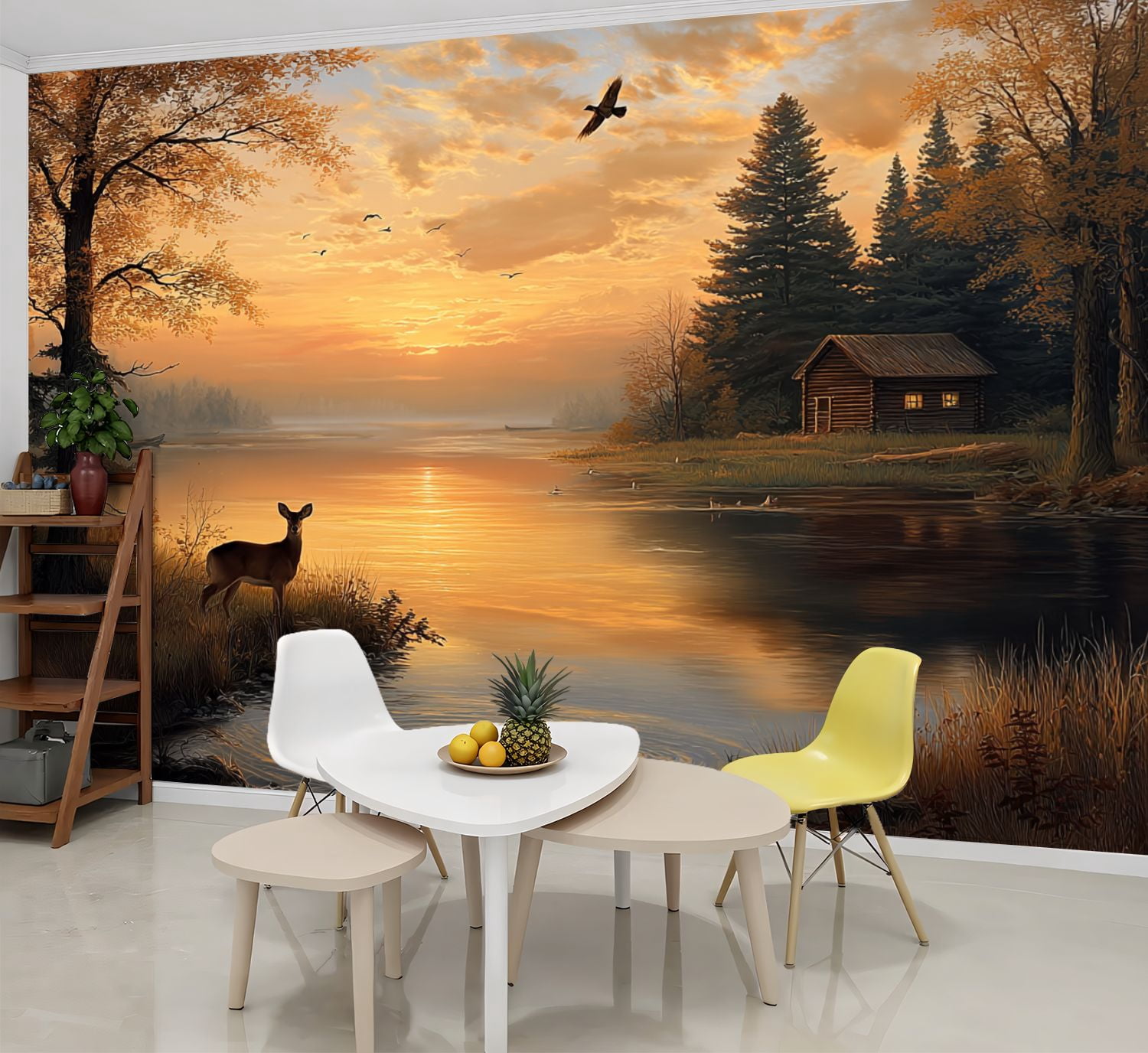 Wallpaper Animal Deer Vintage Wildlife Rustic Duck Cabin Sunset Peel and Stick Wall Murals 69"H x 96"W Removable PVC Wall Paper Self-Adhesive Wall Paintings Art Decor for Bedroom Living Room