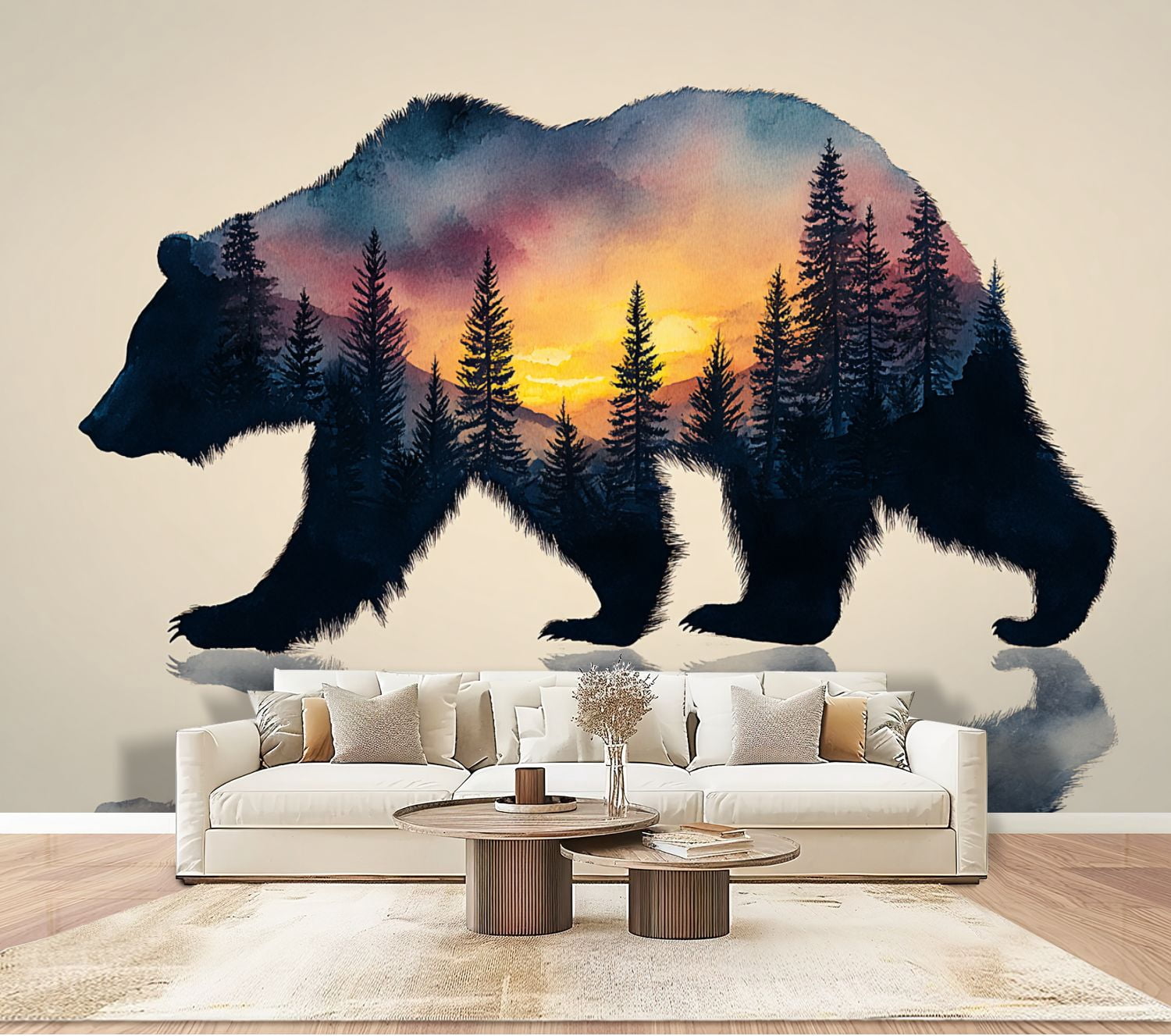 Wallpaper Animal Forest Scene Bear Trees Sunset Silhouette Peel and Stick Wall Murals 100"H x 144"W Removable PVC Wall Paper Self-Adhesive Wall Paintings Art Decor for Bedroom Living Room