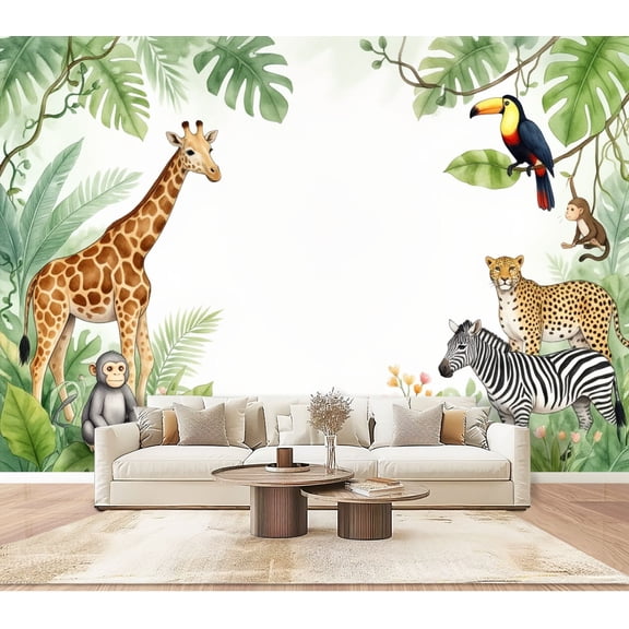 Wallpaper Animals Jungle Border Giraffe Zebra Cheetah Monkey Peel and Stick Wall Murals 100"H x 144"W Removable PVC Wall Paper Self-Adhesive Wall Paintings Art Decor for Bedroom Living Room
