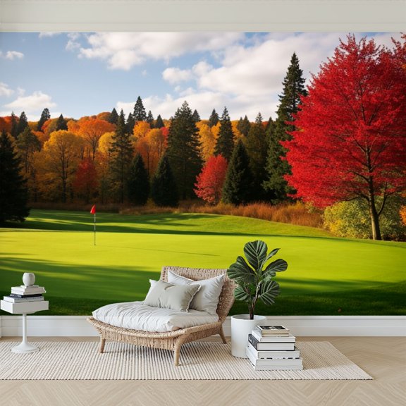 Wallpaper Autumn Forest Golf Course Vibrant Red Orange Trees Landscape Peel and Stick Wall Murals 69"H x 96"W Removable PVC Wall Paper Self-Adhesive Wall Paintings Art Decor for Bedroom Living Room