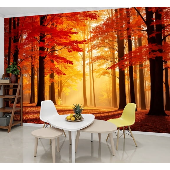 Wallpaper Autumn Forest Sunlight Filtering Red Orange Trees Peel and Stick Wall Murals 69"H x 96"W Removable PVC Wall Paper Self-Adhesive Wall Paintings Art Decor for Bedroom Living Room