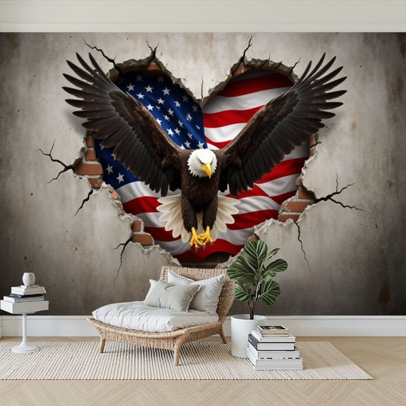 Wallpaper Bald Eagle Cracked Wall American Flag Independence Day Peel and Stick Wall Murals 69"H x 96"W Removable PVC Wall Paper Self-Adhesive Wall Paintings Art Decor for Bedroom Living Room