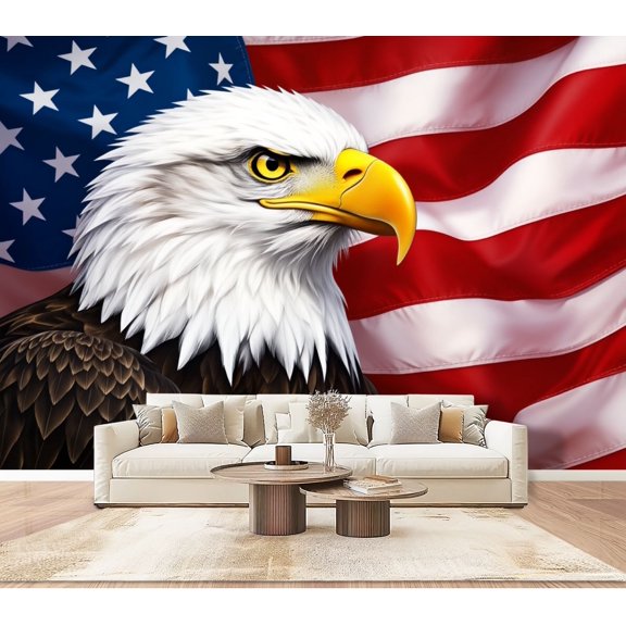 Wallpaper Bald Eagle Portrait American Flag Patriotic Red White Blue Peel and Stick Wall Murals 100"H x 144"W Removable PVC Wall Paper Self-Adhesive Wall Paintings Art Decor for Bedroom Living Room