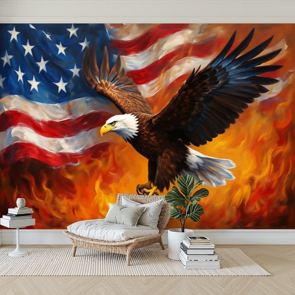 Wallpaper Bald Eagle Rising Flames American Flag Patriotic Memorial Peel and Stick Wall Murals 69"H x 96"W Removable PVC Wall Paper Self-Adhesive Wall Paintings Art Decor for Bedroom Living Room