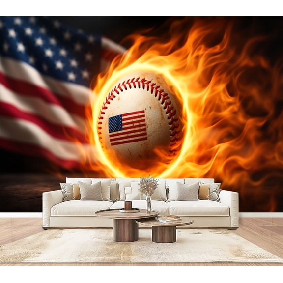 Wallpaper Baseball Fire American Flag Dramatic Sports Independence Day Peel and Stick Wall Murals 100"H x 144"W Removable PVC Wall Paper Self-Adhesive Wall Paintings Art Decor for Bedroom Living Room