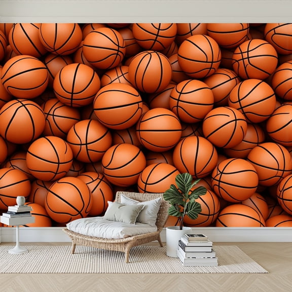 Wallpaper Basketball Collection Multiple Orange Balls Black Lines Peel and Stick Wall Murals 69"H x 96"W Removable PVC Wall Paper Self-Adhesive Wall Paintings Art Decor for Bedroom Living Room