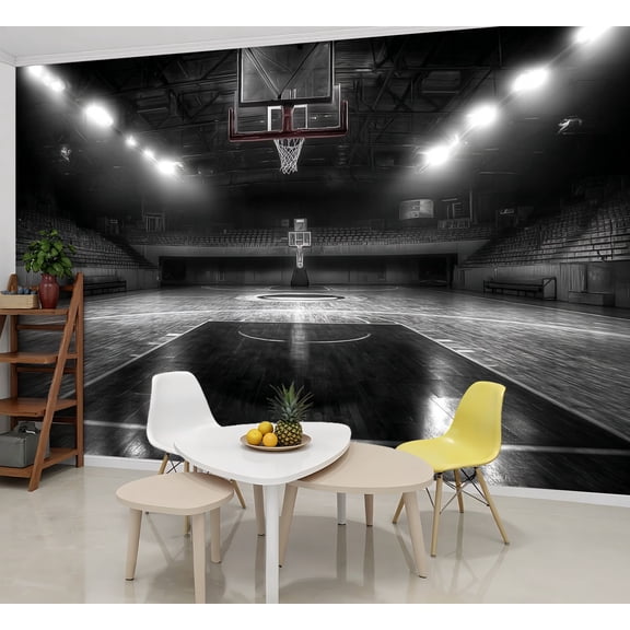 Wallpaper Basketball Court Black White Empty Spotlights Wooden Peel and Stick Wall Murals 69"H x 96"W Removable PVC Wall Paper Self-Adhesive Wall Paintings Art Decor for Bedroom Living Room
