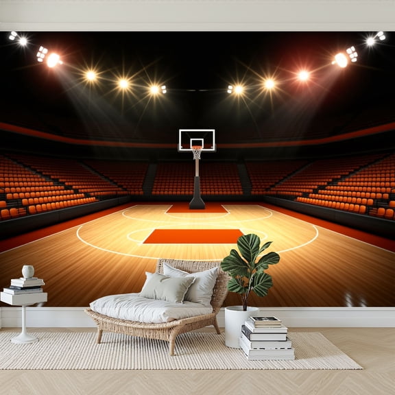 Wallpaper Basketball Court Glowing Stadium Lights Orange Seating Peel and Stick Wall Murals 69"H x 96"W Removable PVC Wall Paper Self-Adhesive Wall Paintings Art Decor for Bedroom Living Room