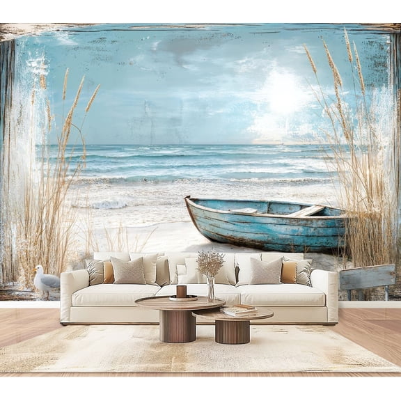 Wallpaper Beach Nautical Boat Ocean Seagull Sea Bird Seashore Blue Wooden Peel and Stick Wall Murals 100"H x 144"W Removable PVC Wall Paper Self-Adhesive Wall Paintings Art for Bedroom Living Room