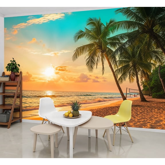 Wallpaper Beach Ocean Tropical Palm Tree Coastal Gold Sunset Palm Peel and Stick Wall Murals 69"H x 96"W Removable PVC Wall Paper Self-Adhesive Wall Paintings Art Decor for Bedroom Living Room