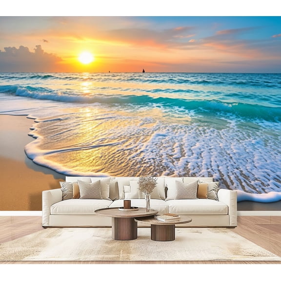 Wallpaper Beach Sea Nature Landscape Waves Sunset Sky Ocean Photorealistic Peel and Stick Wall Murals 100"H x 144"W Removable PVC Wall Paper Self-Adhesive Wall Decor for Bedroom Living Room