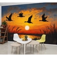 thumbnail image 1 of Wallpaper Birds Silhouette Sunset Lake Reeds Textured Vintage Sky Peel and Stick Wall Murals 69"H x 96"W Removable PVC Wall Paper Self-Adhesive Wall Paintings Art Decor for Bedroom Living Room, 1 of 7