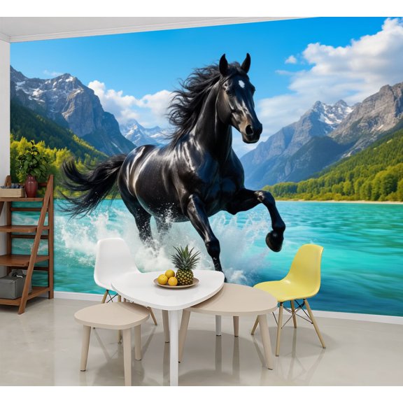 Wallpaper Black Horse Running Clear Mountain River Majestic Peel and Stick Wall Murals 69"H x 96"W Removable PVC Wall Paper Self-Adhesive Wall Paintings Art Decor for Bedroom Living Room