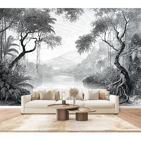 Wallpaper Black White Tropical Rainforest Forest Trees River Mountains Clouds Peel and Stick Wall Murals 100"H x 144"W Removable PVC Wall Paper Self-Adhesive Wall Decor for Bedroom Living Room