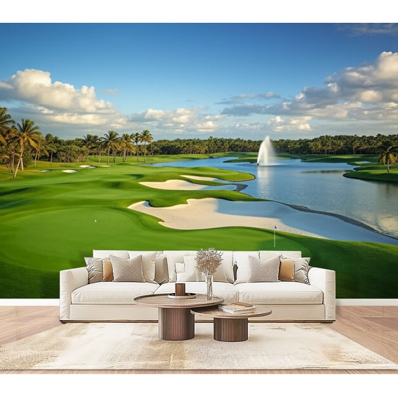 Wallpaper Blue Golf Course Fairways Sand Bunkers Putting Green Water Peel and Stick Wall Murals 100"H x 144"W Removable PVC Wall Paper Self-Adhesive Wall Paintings Art Decor for Bedroom Living Room