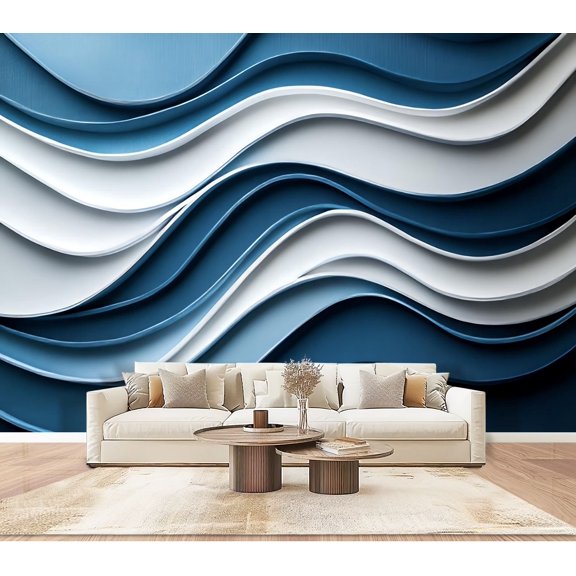 Wallpaper Blue White Stripe Decorative Decor Wave Patterns Repetitive Lines Peel and Stick Wall Murals 100"H x 144"W Removable PVC Wall Paper Self-Adhesive Wall Paintings Art for Bedroom Living Room