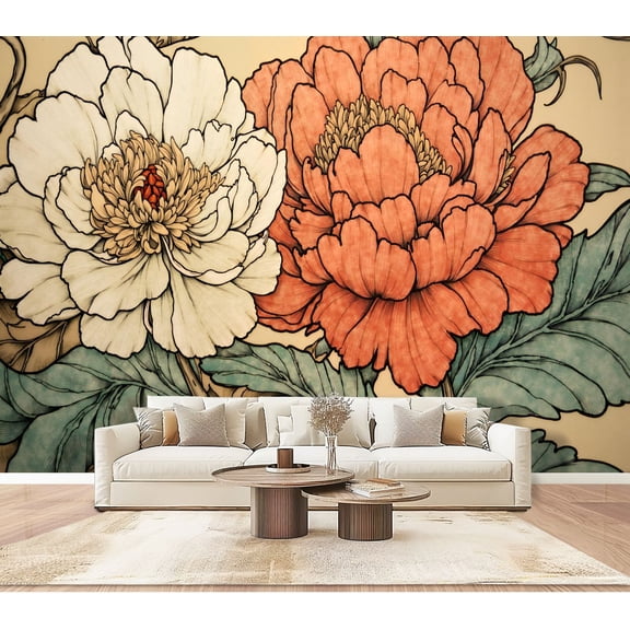 Wallpaper Boho Brown Green Orange Peony Floral Vintage Peony Flowers Peel and Stick Wall Murals 100"H x 144"W Removable PVC Wall Paper Self-Adhesive Wall Paintings Art Decor for Bedroom Living Room