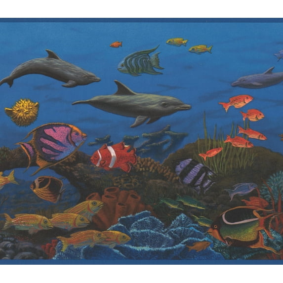 Wallpaper Border - Colorful Fish in the Bottom of the Ocean Nautical Wide Wall Border Retro Design, Roll 15 ft X 10 in