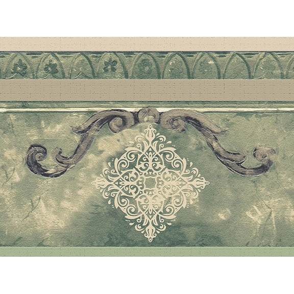 Wallpaper Border Peel and Stick DDAZBD9263 Abstract Green Damask Wall Border Retro Design, 15 ft x 7 in (4.57m x 17.78cm), Self Adhesive$$Tools & Hardware Other