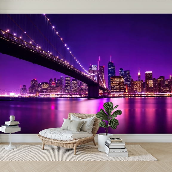 Wallpaper Brooklyn Bridge Night Illuminated City Skyline Reflections Peel and Stick Wall Murals 69"H x 96"W Removable PVC Wall Paper Self-Adhesive Wall Paintings Art Decor for Bedroom Living Room