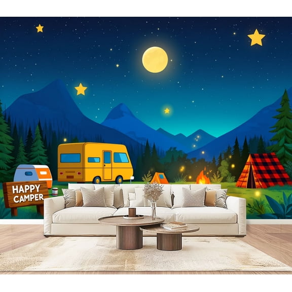 Wallpaper Camping Campfire Camper Birthday Party Happy Camper Peel and Stick Wall Murals 100"H x 144"W Removable PVC Wall Paper Self-Adhesive Wall Paintings Art Decor for Bedroom Living Room