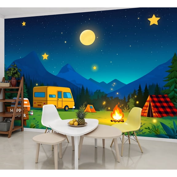 Wallpaper Camping Campfire Camper Birthday Party Happy Camper Peel and Stick Wall Murals 69"H x 96"W Removable PVC Wall Paper Self-Adhesive Wall Paintings Art Decor for Bedroom Living Room