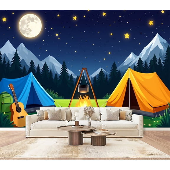 Wallpaper Camping Campfire Party Bonfire Mountain Tent Tents Peel and Stick Wall Murals 100"H x 144"W Removable PVC Wall Paper Self-Adhesive Wall Paintings Art Decor for Bedroom Living Room