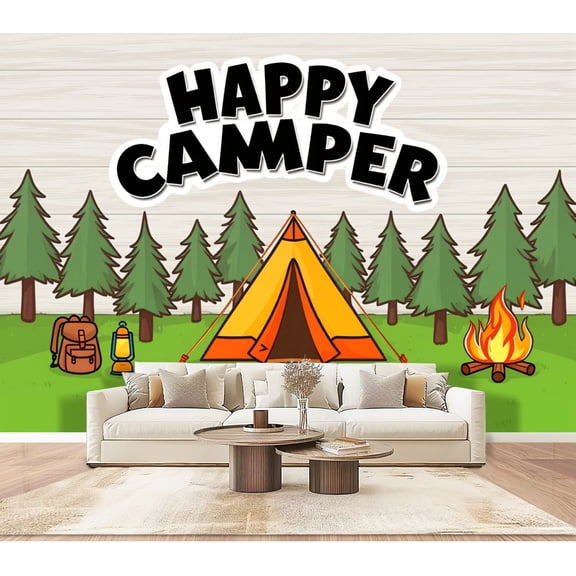 Wallpaper Camping Happy Camper Forest Campfire Camping Birthday Peel and Stick Wall Murals 100"H x 144"W Removable PVC Wall Paper Self-Adhesive Wall Paintings Art Decor for Bedroom Living Room