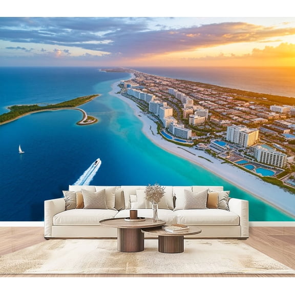 Wallpaper Cancun beach boat Peel and Stick Wall Murals 100"H x 144"W Removable PVC Wall Paper Self-Adhesive Wall Paintings Art Decor for Bedroom Living Room