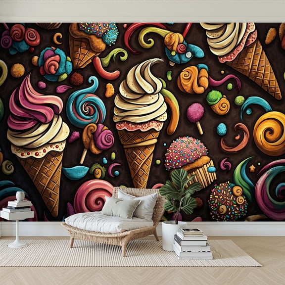 Wallpaper Cartoon Hand Drawn Ice Cream Doodles Seamless Cones Cupcakes Peel and Stick Wall Murals 69"H x 96"W Removable PVC Wall Paper Self-Adhesive Wall Paintings Art Decor for Bedroom Living Room