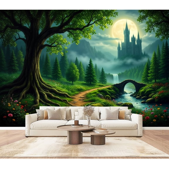Wallpaper Castle Forest Waterfall Bridge Peel and Stick Wall Murals 100"H x 144"W Removable PVC Wall Paper Self-Adhesive Wall Paintings Art Decor for Bedroom Living Room