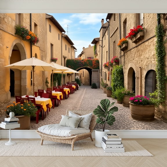 Wallpaper Charming European Cobblestone Street Outdoor Flower Decor Peel and Stick Wall Murals 69"H x 96"W Removable PVC Wall Paper Self-Adhesive Wall Paintings Art Decor for Bedroom Living Room