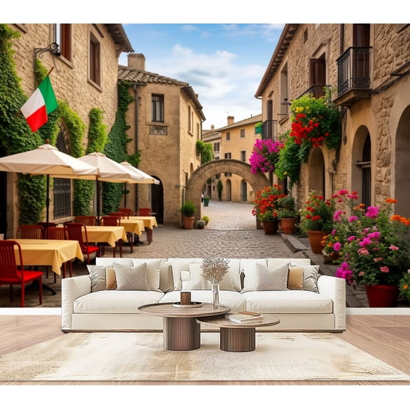 Wallpaper Charming Italian Cobblestone Street Outdoor Caf Flower Peel and Stick Wall Murals 100"H x 144"W Removable PVC Wall Paper Self-Adhesive Wall Paintings Art Decor for Bedroom Living Room