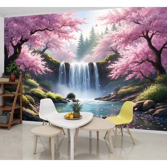 Wallpaper Cherry Blossom Waterfall Serene Forest Pond Pink Trees Peel and Stick Wall Murals 69"H x 96"W Removable PVC Wall Paper Self-Adhesive Wall Paintings Art Decor for Bedroom Living Room