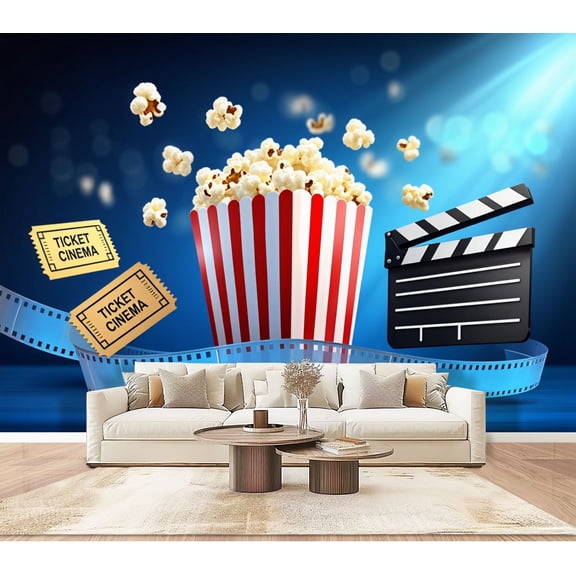 Wallpaper Cinema blue 3d realistic objects popcorn tape Peel and Stick Wall Murals 100"H x 144"W Removable PVC Wall Paper Self-Adhesive Wall Paintings Art Decor for Bedroom Living Room