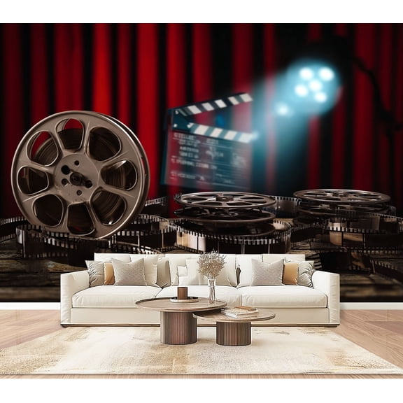 Wallpaper Cinema vintage film reels clapperboard projector Peel and Stick Wall Murals 100"H x 144"W Removable PVC Wall Paper Self-Adhesive Wall Paintings Art Decor for Bedroom Living Room