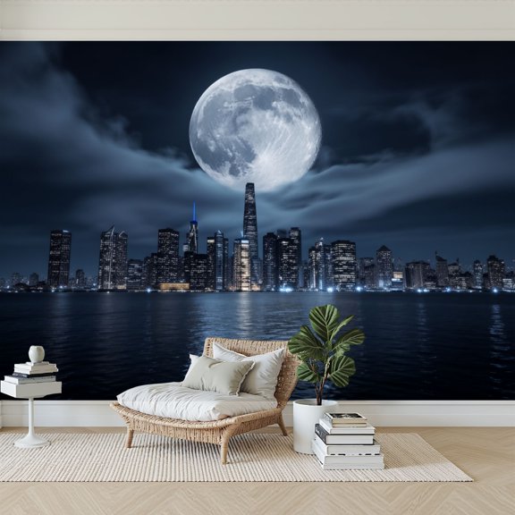 Wallpaper City Skyline Night Full Moon Reflective Water Cityscape Peel and Stick Wall Murals 69"H x 96"W Removable PVC Wall Paper Self-Adhesive Wall Paintings Art Decor for Bedroom Living Room