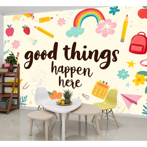 Wallpaper Colorful Floral Rainbow Design Fun School Supplies Peel and Stick Wall Murals 69"H x 96"W Removable PVC Wall Paper Self-Adhesive Wall Paintings Art Decor for Bedroom Living Room
