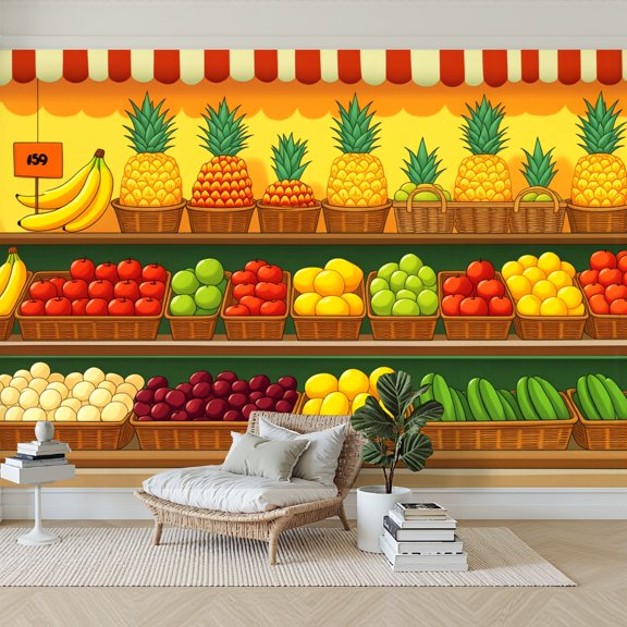 Wallpaper Colorful Fruit Market Display Pineapples Bananas Fresh Produce Peel and Stick Wall Murals 69"H x 96"W Removable PVC Wall Paper for Kitchen Restaurant Dining Room Supermarket Room