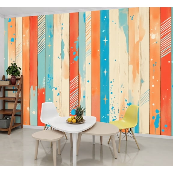 Wallpaper Colorful Stripes Stars Geometric Patterns Peel and Stick Wall Murals 69"H x 96"W Removable PVC Wall Paper Self-Adhesive Wall Paintings Art Decor for Bedroom Living Room