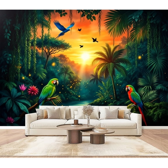 Wallpaper Colorful Tropical Jungle Parrots Sunset River Palm Peel and Stick Wall Murals 100"H x 144"W Removable PVC Wall Paper Self-Adhesive Wall Paintings Art Decor for Bedroom Living Room
